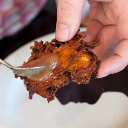 Sweet Potato Latkes with Smoked Apple Sauce ~ A fun experiment in the NOTCOT test kitchen leads to a delicious collision between Chanukah and a barbecue.