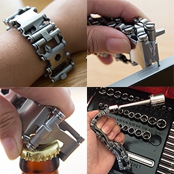 The Leatherman Tread in person! This customizable wearable multitool bracelet can do everything from screwdriving to bottle opening, sim card popping, glass breaking, attaching sockets and more! And it's TSA/Disneyland friendly...