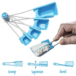 Dream Farm's Levoons - measuring spoons that snap together, are easy to level, and show t, T, and mL... and the labels won't wash off! (Cute concept, though some reviews say the spring action makes a mess)