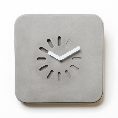 Life in Progress Concrete Clock by Lyon Beton. A version of the icon that has put people on hold around the world is carved in concrete at the center and it features various depths to create the illusion of movement. 
