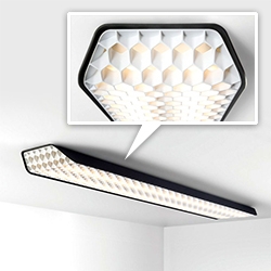 Modular Lighting Instruments Vaeder Light. Its honeycomb structure in combination with a wafer-thin diffuser reduces glare to a minimum while Vaeder’s groundbreaking LED lighting results in an energy-efficient and high-performing office fixture.