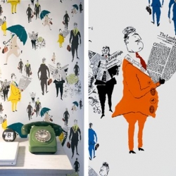 Lizzie Allen creates wonderful hand-screen-printed wallpapers. Her patterns are inspired by illustrations from the 50's (here is her 'london city gents' theme).