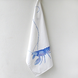 Because everyone needs a pet lobster to help out in the kitchen. A whimsical watercolor painting hand-screened onto an organic tea towel by Xenotees.