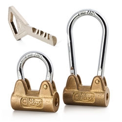 Gorgeous Abloy Finnish padlocks - Brass body with chrome-plated steel bracket. Not your standard cylindrical lock pins, these have rotating lock washers.