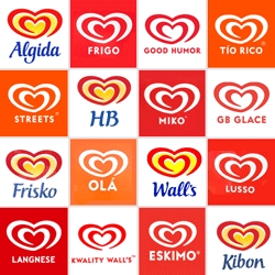 This is a collection with almost all the Unilever Heartbrand logos, the name differ from country to country but the symbol is always the same. Look for Kwality Wall's logo. Why is it the only one different?