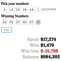 Powerball Lottery Simulator by Los Angeles Times is mesmerizingly fun to watch, and a way to help people understand statistics and exactly what those lottery odds mean as far as how much you spend vs how much you win.