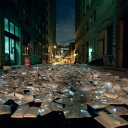 Luzinterruptus have brought their light-based street art from Madrid to NYC; this is 800 books, each with a light attached, with the intention of replacing traffic with literature.
