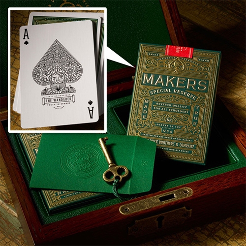 Makers Special Reserve Playing Cards by Dan & Dave. Luxury Playing Cards featuring 14 custom illustrated court-cards. Housed inside a gorgeous wooden box featuring green-leather interior and a vintage-inspired lock and key.
