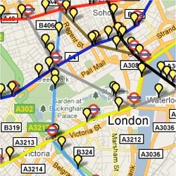 This map shows all trains (yellow pins) on the London Underground network in approximately real time, using live departure data from the TfL API.