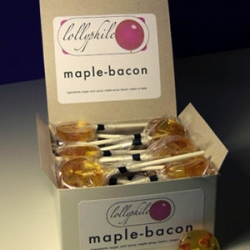 The least kosher lollipop in the history of candy! These lollys combine organic Vermont maple syrup with organic, sustainably farmed bacon to make a salty/sweet candy-on-a-stick! [Also in absinthe!]