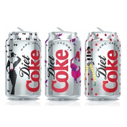 Marc Jacobs marks the 30th anniversary of Diet Coke with three designs, each one inspired by a different decade since the drink’s launch.