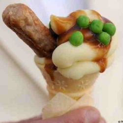 Sausage & Mash in a cone. Great winter alternative to an ice cream cornet with mash, peas and gravy. 