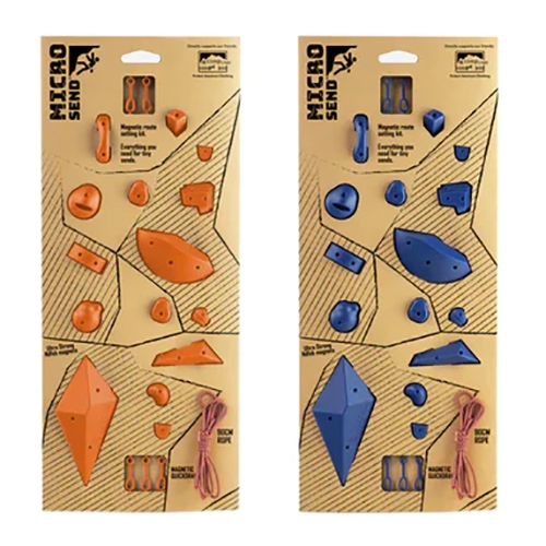 Micro Send - tiny magnetic rock climbing holds for your fridge/whiteboard/car/etc! Complete with tiny rope and tiny quickdraws - in orange and blue.