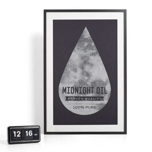 Midnight Oil - For the night owls, tinkerers all-nighters - show everyone your circadian rhythm is fine just the way it is. Hand pulled screen print on heavy Black Licorice stock by the French Paper Co.   