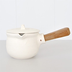 Japanese Milk Pot handcrafted by Katsufumi Baba at Koromiko - White, Japanese ceramic milk pot with pouring spout and teak handle. 