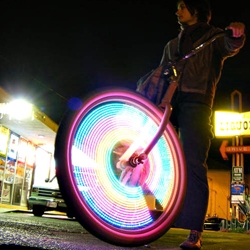 Revolutionary LED bike lights from MonkeyLectric. They're not only providing outstanding visibility at any speed but creating amazing color patterns on your spinning bike wheel.