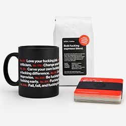 Good Fucking Design Advice's Coffee Starter Kit - your choice of one of any of our eight different 11oz mug styles, GFDA's own Bold fucking espresso roast, and our set of twelve coaster designs letterpressed on 60 pt. Pulp Board by The Cranky Pressman.