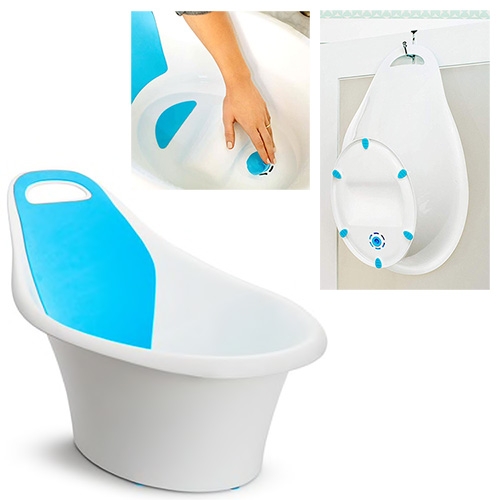 Munchkin Sit & Soak Infant Bath Tub [NOTCOT recommended!] So many great design details - butt bump to keep even newborns upright, smart drain plug, handle/hanger, comfy padding and more. (Like a better Shnuggle)