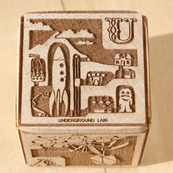 The Xylocopa Young Mad Scientist Laser Etched Wood Alphabet Blocks ~ in person! I even took pics of each letter so you can see up close how fun the illustrations are! Original found in #16975!