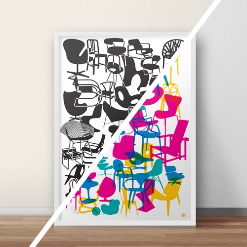 44 iconic modern chairs in Yoni Alter's new DOUBLE SIDED limited edition poster.  