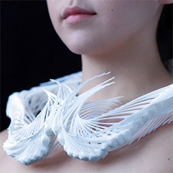 Madeline Gannon's Reverberating Across the Divide reconnects digital and physical contexts through a custom chronomorphologic modeling environment that uses virtual squids to generate 3D printed wearables.