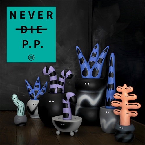 Never Die P.P. - collaboration between Emu and Bridge Ship House. Fun art toys with swappable "plants" and "pots" as well as a collection of wearables and more.