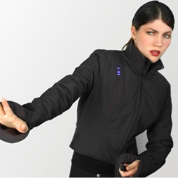 Ladies, protect yourselves with a stylish jacket! This article of clothing, when armed and grabbed, sends 80,000 volts of electricity through your attacker, while keeping you safe. 
