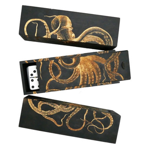 Iron and Glory Double-Six Octopus Domino Set. Box features a laser engraved octopus which wraps 3 sides.