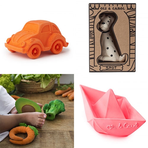 Oli & Carol Natural Rubber Baby Toys - from a VW Bug and Origami Boat to Avocados, Broccoli, Kale, creatures and more! Think modern twist on the classic Sophie Giraffe in fun packaging.