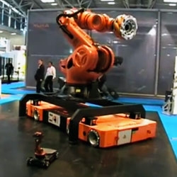 The KUKA OmniMove Base with Titan Robot Arm makes the world's strongest fabrication robot mobile. The video also shows the KUKA  youBot next to its bigger brother. 

