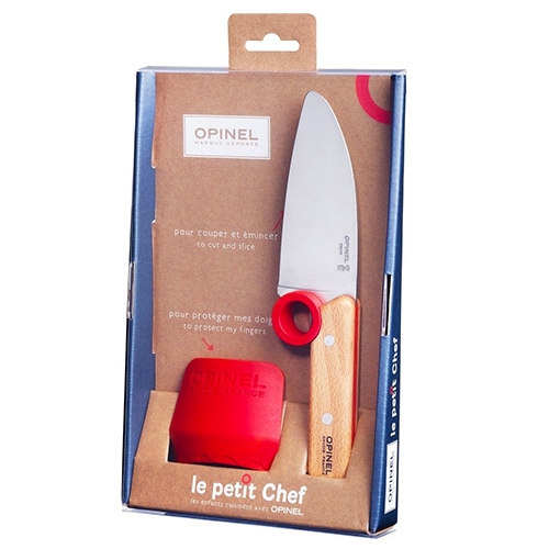 Opinel Le Petit Chef Knife and Fingers Guard. Lovely first chef knife for kids. Set includes a finger guard and a 4" blade kitchen knife with a rounded tip & educational ring to help position the fingers and prevent the hand from slipping onto the blade.