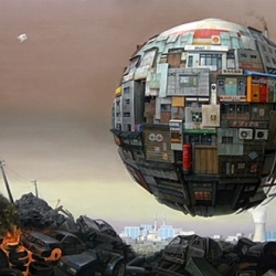 Masakatsu Sashie’s tremendous paintings are depictions of decaying civilizations punctuated–and possibly being observed by–giant, self-contained, floating spheres.