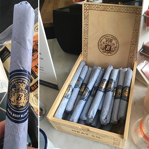 Belcampo Beef Blunts! 100% California Beef... snack sticks from the butcher... dressed up like cigars in wood box and all! Also a peek inside of the stunning butcher shop with lovely tiles.