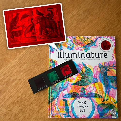 Illuminature! Amazing new book by Carnovsky that allows readers to explore various natural environments with red (day creatures), green (plant life), and blue (nocturnal creatures) lenses. Perfect holiday gift book for kids.