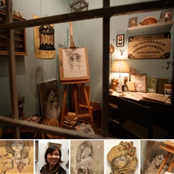 Audrey Kawasaki's The Drawing Room at Thinkspace ~ beyond the gorgeous work, you have to see the mind blowing micro-studio set up she did in the front window! Wow.
