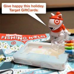 Target Gift Cards ~ can you believe there are 4 in that picture? A wind up dog, a beautifully illustrated board game, bath salts, and a box of crayons? There is even a viewmaster and a reusable bag and remote controlled mouse out there!