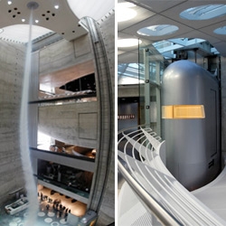 Mercedes-Benz Museum Stuttgart ~ Amazing scifi time machine pod like elevators ~ steel doors painted to look like concrete ~ and videos of the worlds largest artificial TORNADO (indoors!)