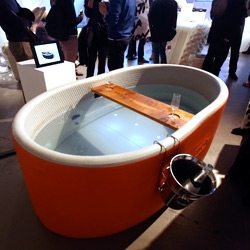 Blofield branches out of the inflatable chesterfield realm... with their bathtub! Surprisingly sturdy, complete with champagne bucket and wooden wine glass rack of course.