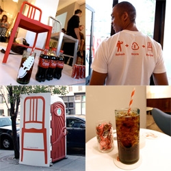 When Coke+Emeco create Plastic 111 Navy Chairs made of recycled coke bottles + DWR party= amazing chairs, recycled glasses with paper straws, male models, branded portapotties and more...