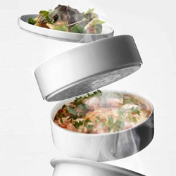 MENU's porcelain Steam Stacker can cook a full meal in one tower in your oven! Beautiful design and photography, as well as a Baked Halibut with Miso on Shitake Mushroom recipe!