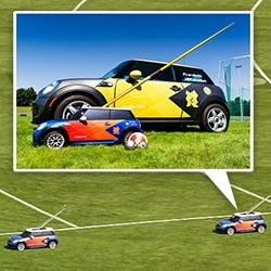 The mini radio controlled MINIs at the Olympics ~ deliver/retrieving a single hammer, discus or shot or two javelins. All the details from BMW, and times we've spotted them on tv!