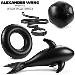 Matte black silliness in Alexander Wang Object Collection no. 2 - inflatable shark, beach ball, pool tube, and dog collar and leash! (and more...)