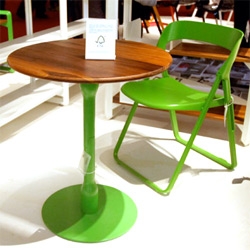 Casamania “BEK” table + “BLOOM” bookshelf ~ beautiful wood and green for the 2010 collection, and love how modular they can be! Mix and match table top sizes, add more pieces to change height, etc.