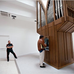 Pipe organ ATM at Venice Biennale, by Allora & Calzadilla. The program plays a tune when a person enters their pin.