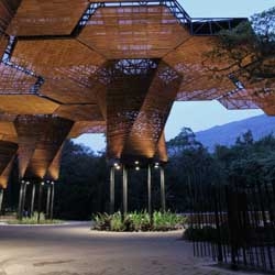 An amazing botnical garden with a superstructure called Orquideorama, located in Medellín, Colombia. This steel and wood structure in an hexagonal shape extends through its organic shape.