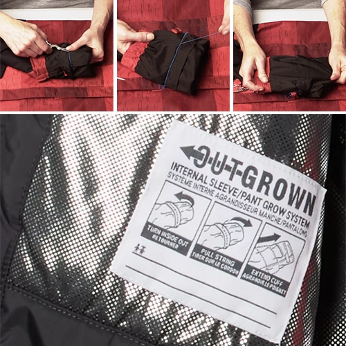 Columbia OUTGROWN extend grow system - lets your kids' jackets and pants expand another couple inches as needed. Just flip the cuff, cut the thread and expand!