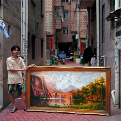 Knock-off artists in China photographed next to their paintings. A photo series by Michael Wolf.