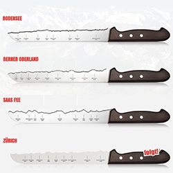 Panorama Knife - stainless steel knives with rosewood handles and blades showing the various mountain peaks...