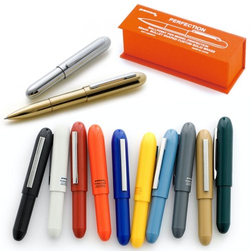 Penco Bullet Ballpoint Pens - in brass (with adorable orange gift box) and light, colorful ABS plastic versions.