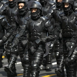 Peruvian anti-riot police uses a futuristic armour  that looks  dark and cool.
